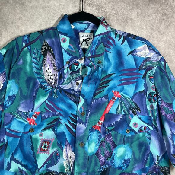 Vintage Roper Shirt Mens Large 16.5 Blue Feather Print Tropical Hawaiian Beach - Picture 2 of 8